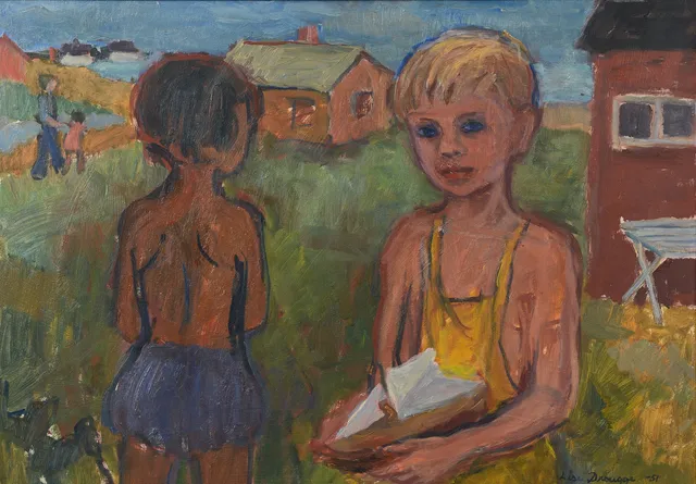 LISE DROUGGE. Barfotabarn, olja på pannå, signerad och daterad 51.
