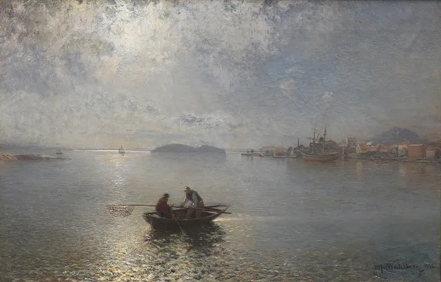 ALFRED WAHLBERG. FISKEBÅT PÅ REDD, 1888, SANNOLIKT VÄSTKUSTEN.