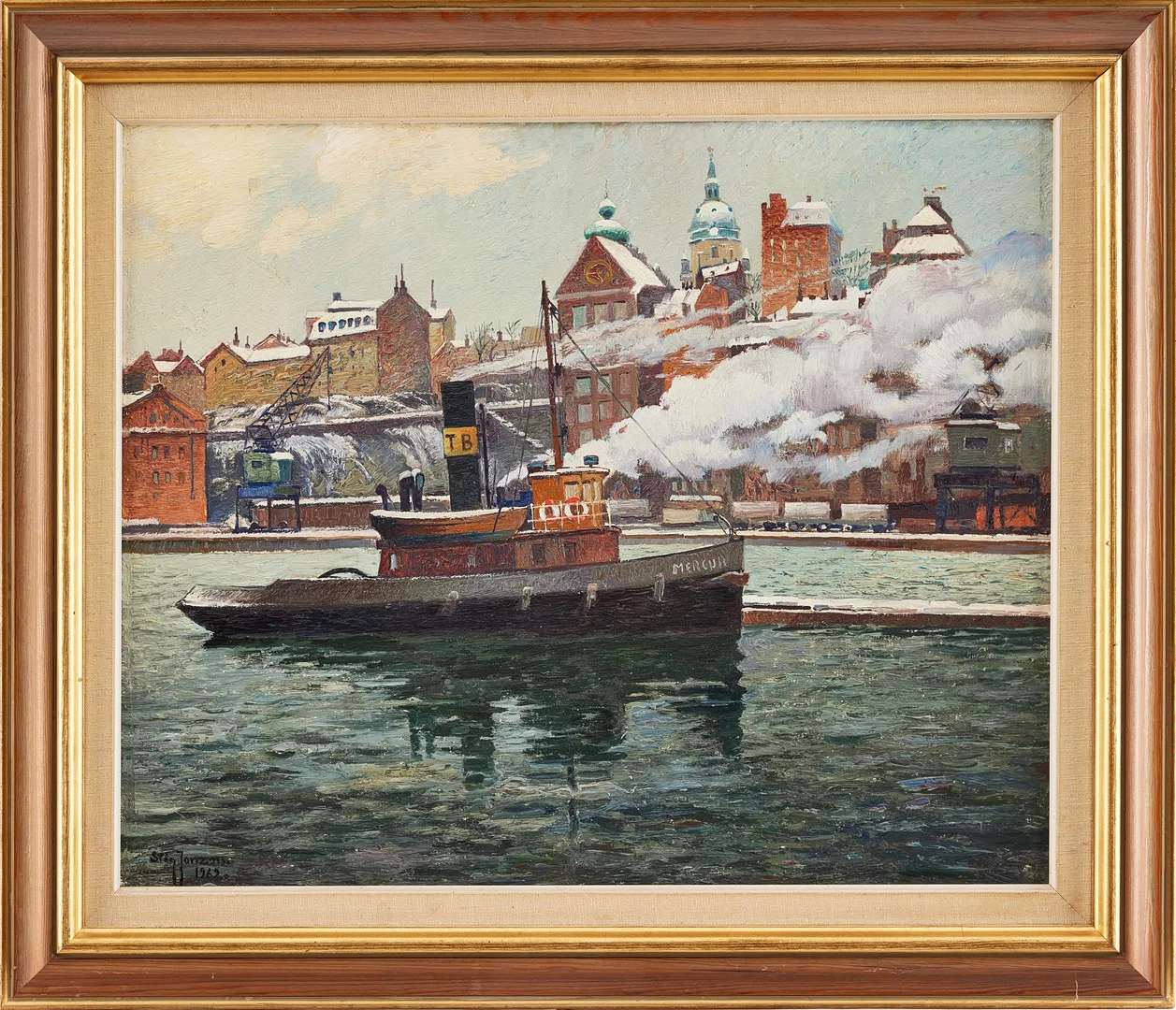 STIG JONZON. Stockholm, Slussen, Stadsgården, olja på pannå, signerad, daterad 1962. — Paintings — Stockholms Auktionsverk Magasin 5