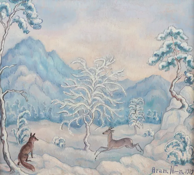 ARAM NORRMAN (1895-1956). Vintermotiv med räv och rådjur, olja på pannå.
