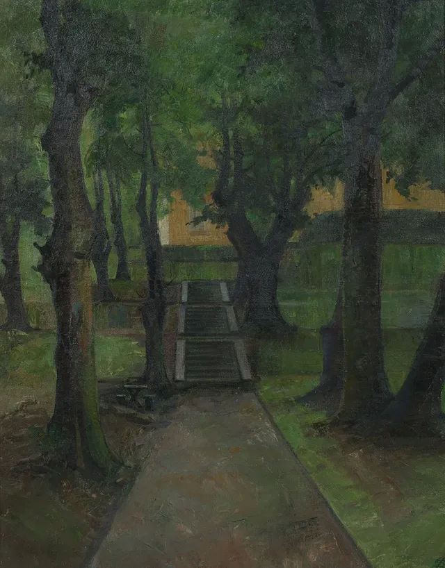 JENS SINDING CHRISTENSEN (1888-1989). Komposition med motiv fra haven ved Frederiksberg slot, olie på lærred, signeret med monogram.
