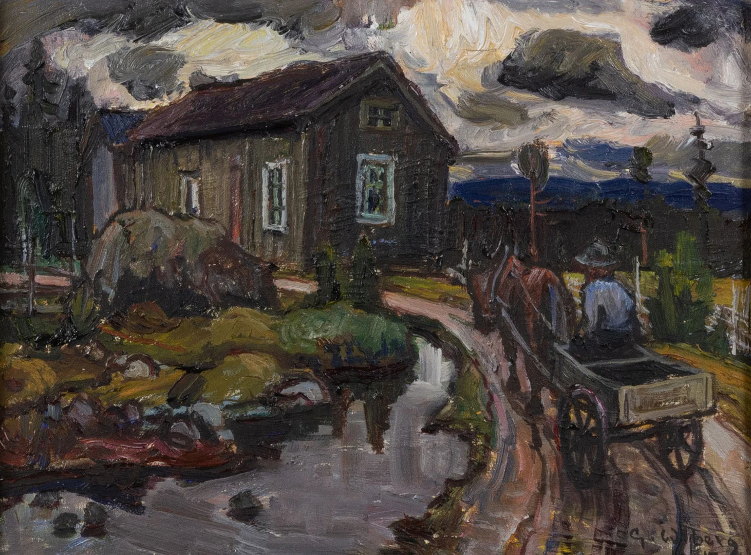 GUNNAR WIBERG. Landsväg med häst och vagn, olja på pannå, signerad G. Wiberg. — Paintings — Helsingborgs Auktionskammare