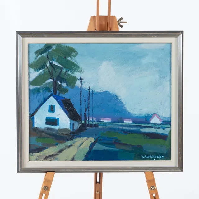 INGVAR WALTERSTRÖM. Olja på duk, landskap med hus, signerad.