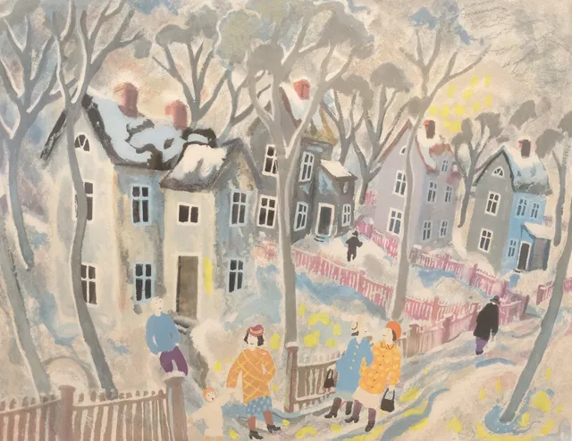 JÖRAN NYBERG. FÄRGLITOGRAFI, VINTERLANDSKAP MED FIGURER.
