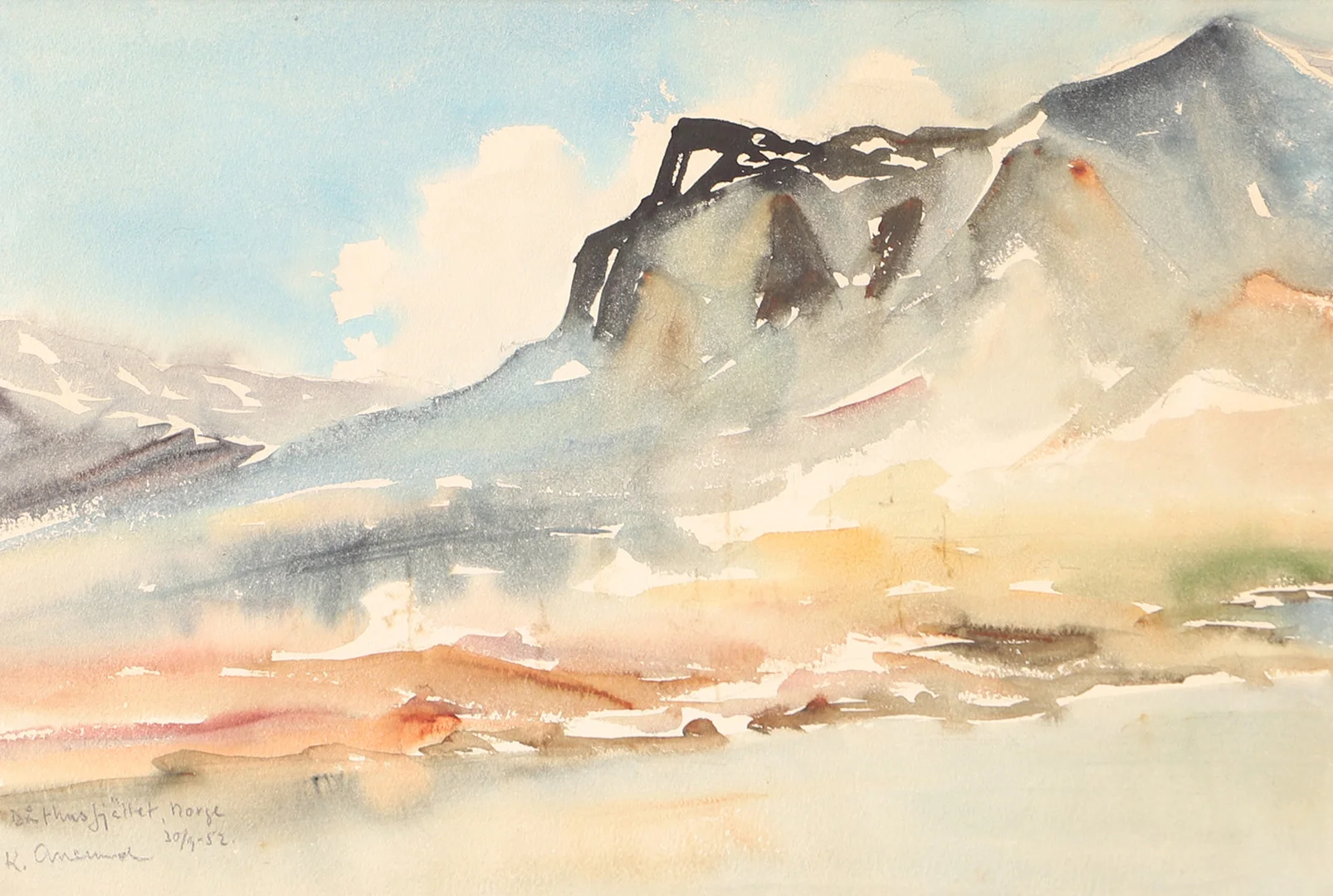KNUT ANERUD. Båthusfjället Norge, akvarell, signerad -52. — Paintings — Helsingborgs Auktionskammare
