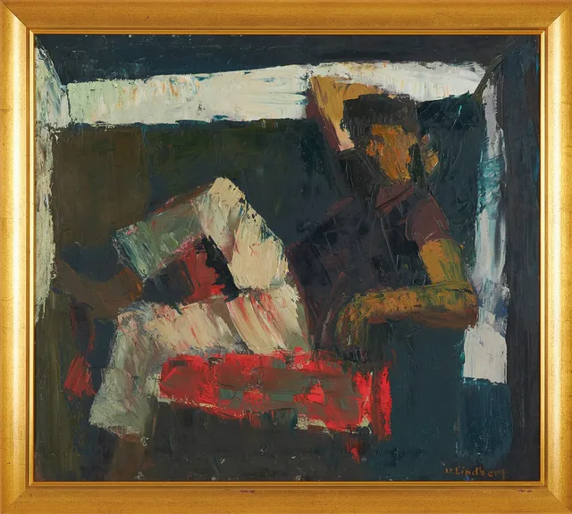 UNO LINDBERG. Figurkomposition föreställande man, olja på duk, signerad U. Lindberg.