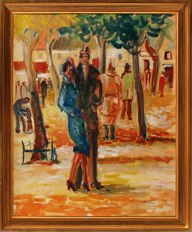 NILS BÄCKMAN. Figurscen, blandteknik, signerad.