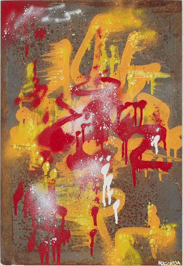 NIKI CASH (FÖDD 1973). Komposition, signerad Niki Cash, daterad a tergo 24/01, mixed media/graffiti på plåt.