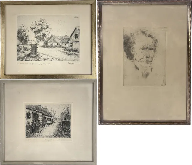 AXEL HAMBORN. Etsningar, 3 st, gårdsmotiv/porträtt, signerad Hamborn.