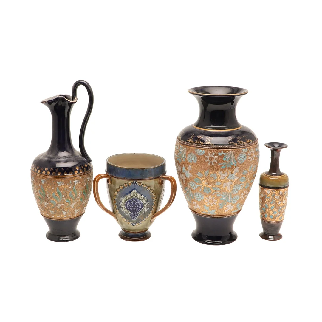ROYAL DOULTON VASES, THREE HANDLED CUP & LARGE JUG. — European — Lawrences Auctioneers