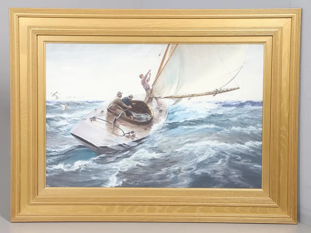 AFTER CHARLES NAPIER HEMY RA RWS (1841-1917). SLOOP UNDER SAIL, MID-20TH CENTURY LITHOGRAPHIC PRINT.