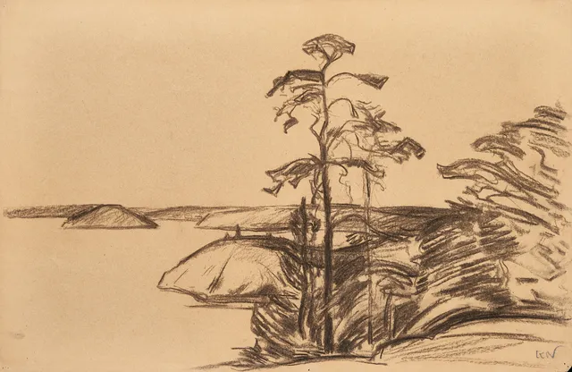 KARL NORDSTRÖM (Tjörn 1855-1923 Drottningholm). Vidsträckt landskap från Mälaren, signerad, kol på papper.