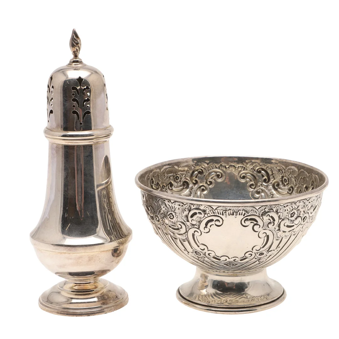 A SMALL SILVER BOWL & A SILVER SUGAR CASTER. — Silver — Lawrences Auctioneers
