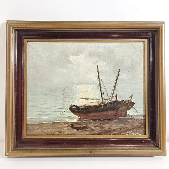 EDUARDO DE SOTO. ÓLEO LIENZO, BARCA EN LA PLAYA, ALICANTE.