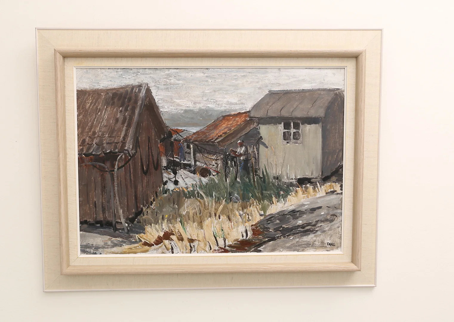 GUSTAV ADOLF FAHLE. Olja på duk, "Fiskebodar". — Paintings — RA Auktionsverket Norrköping