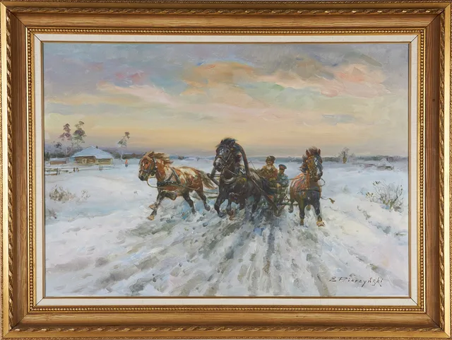 EDWARD PIERZYNSKI (POLEN, FÖDD 1922). Slädfärd i vinterlandskap, olja på duk, signerad.