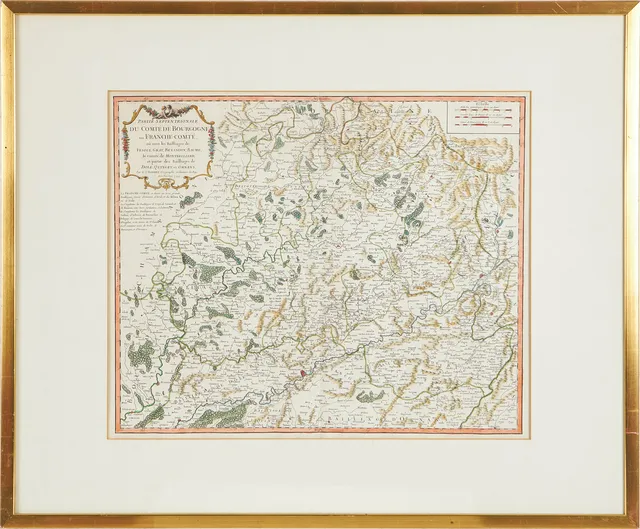 ROBERT DE VAUGONDY, GILLES (1688-1766). Karta, Partie septentrionale du comté de Bourgogne ou Franche-Comté, handkolorerad gravyr, 1749.