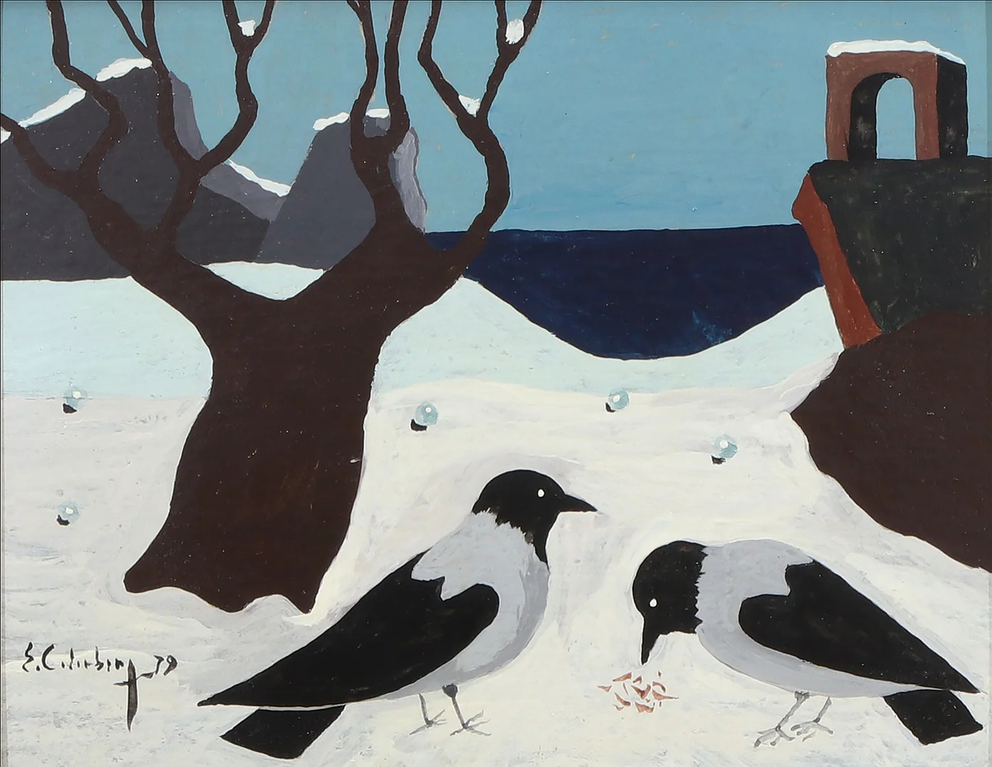 ERIC CEDERBERG. Tempera. Motiv med kråkor i vinterlandskap. Signerad E. Cederberg 79. — Paintings — Skånes Auktionsverk