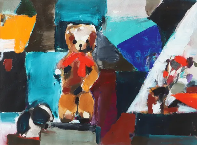 OKÄND KONSTNÄR. "Nalle och hund", blandteknik, osignerad.