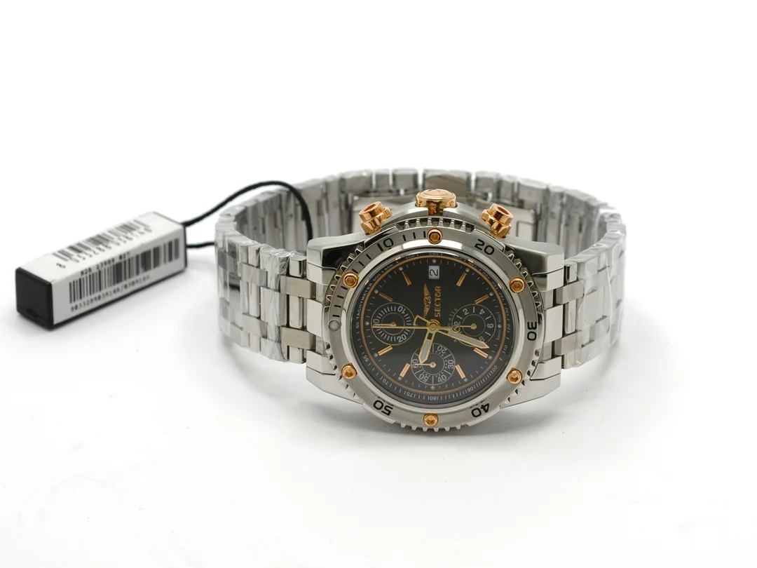 SECTOR, 890, "Tachymeter", Cal 7750, Ref nr. R26.23989.027, Boett nr. 09360, kronograf, herrur, 46 mm, bicolour, automatisk, safirglas, datum, glasbaksida, originallänk, viklås, Ref nr. 09360, ca 2009, oanvänd, box, ytterkartong. — Klockor/Sector — Kaplans