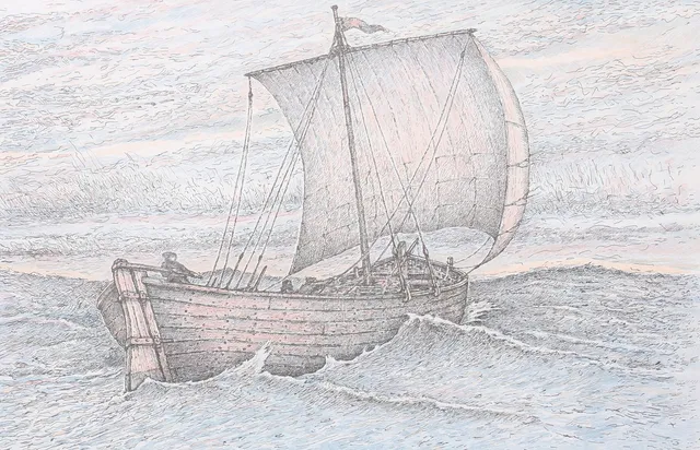 MICHAEL HASKETT. Färglitografi, "Koggen", signerad, daterad 90.