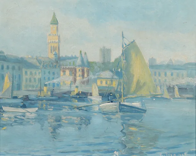 ERIK JEAN. Helsingborg med rådhuset och Kärnan, olja på pannå, signerad E. Jean 1913.