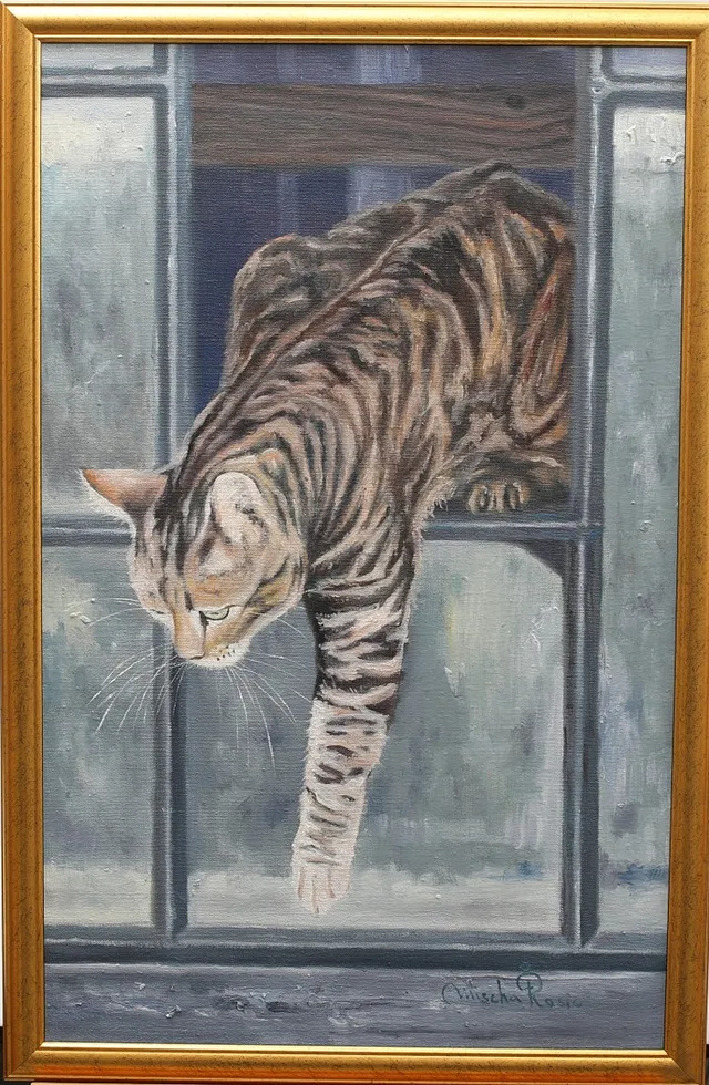 MISCHA ROSIC. Olja på duk, Katt, signerad.