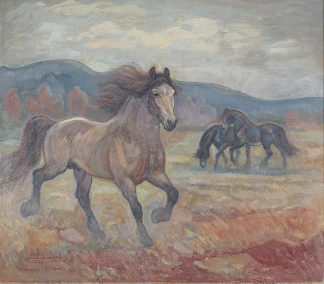 ACKE ÅSLUND. Hästar, olja på duk, signerad och daterad Wången, Alsen, 1936.