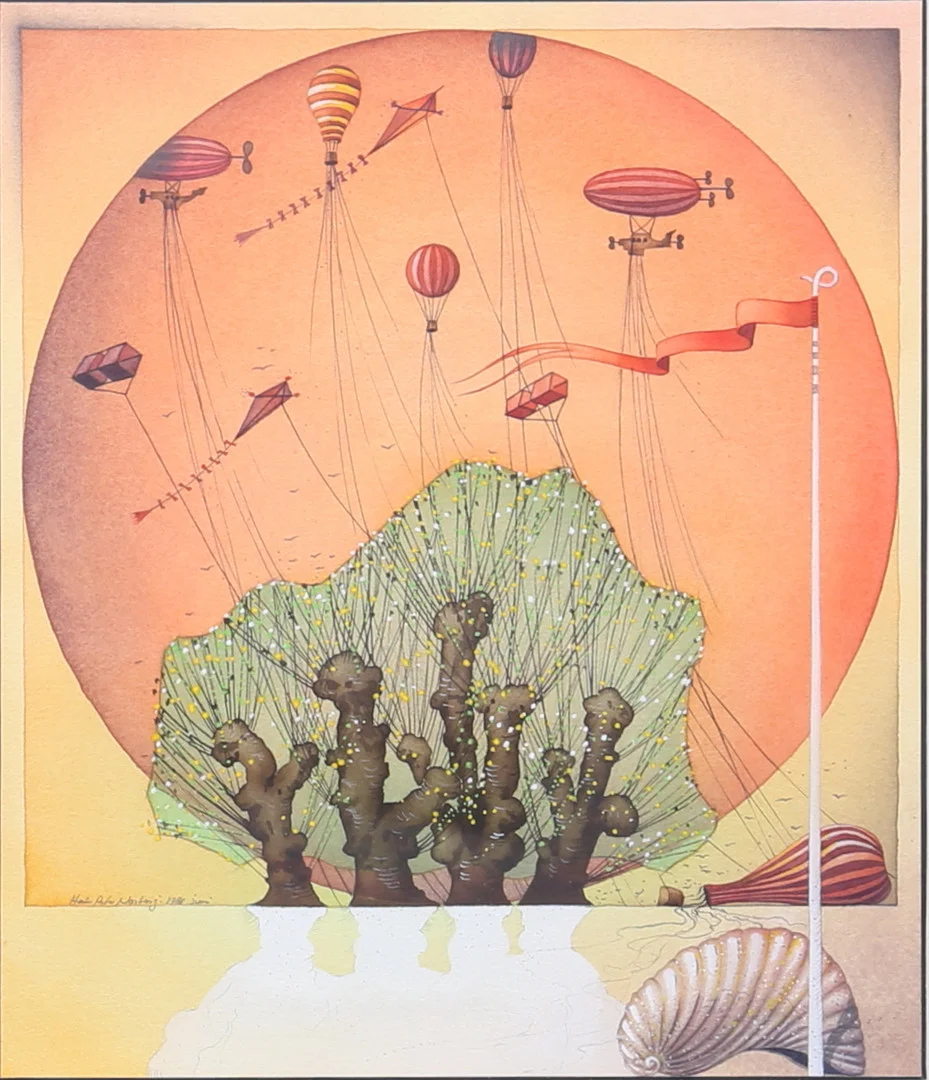 HEINER PETER NORBERG. "Skånsk drak- och ballongfest". Akvarell, signerad och daterad 1981. — Paintings — Auktionshuset Thelin & Johansson