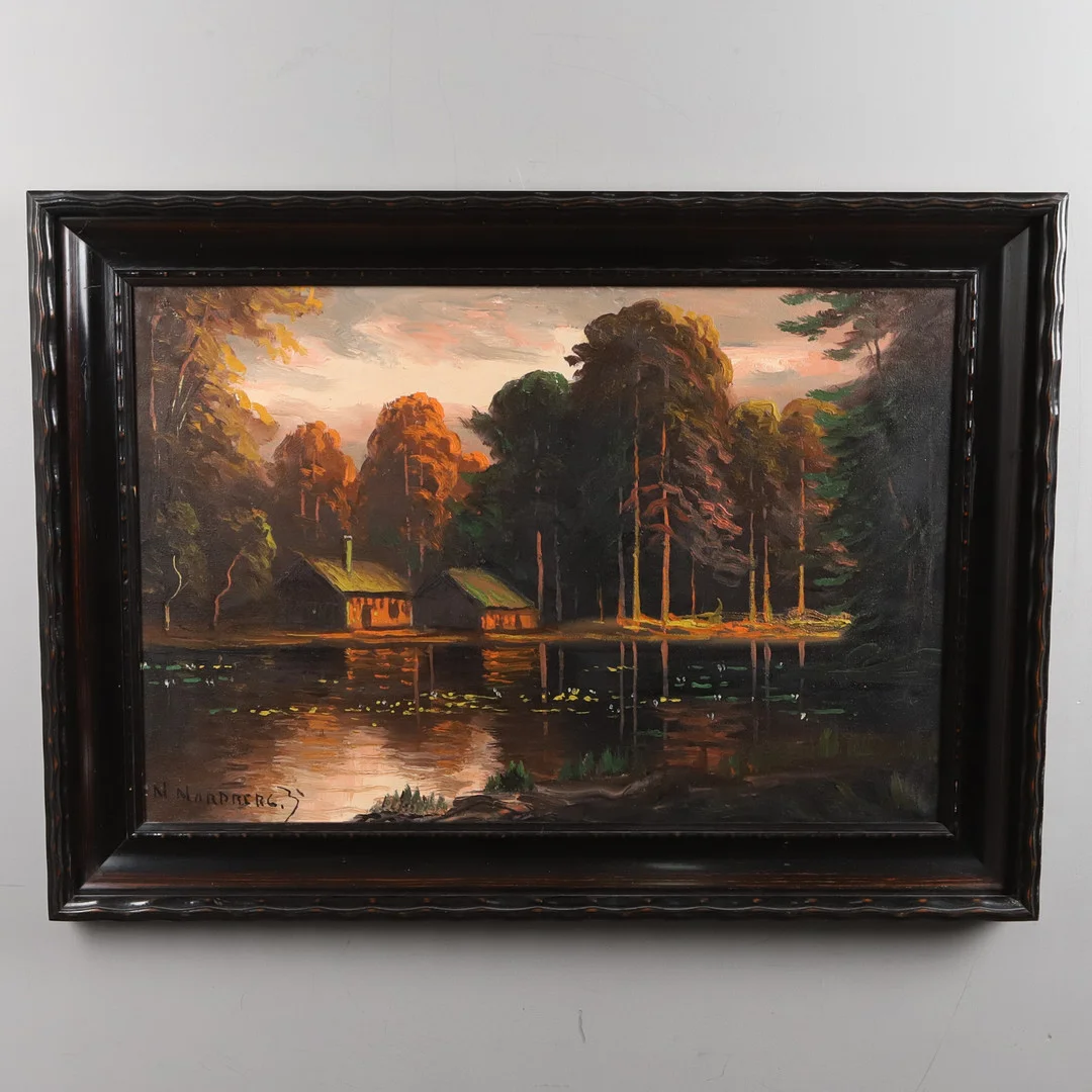 OIDENTIFIERAD KONSTNÄR. Olja på duk. "Skymning vid tjärnen", signerad N. Nordberg och daterad 1931. — Paintings — Örebro Stadsauktioner