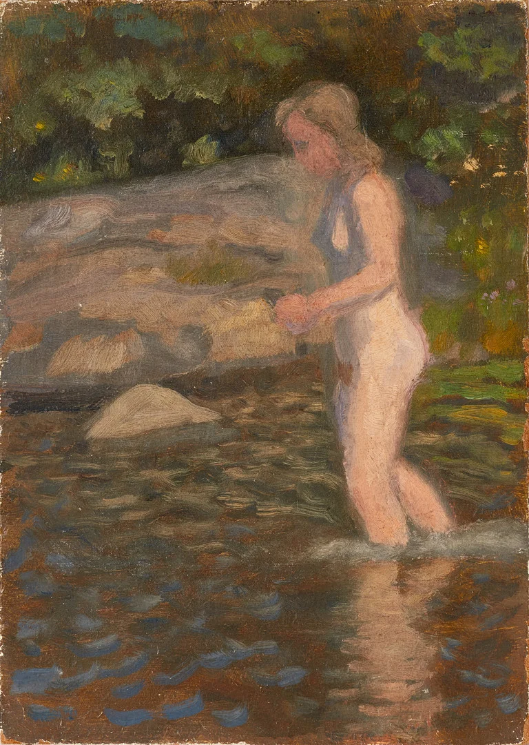 IVAN HUMBLA (SVERIGE, 1888–1962): Badande nymf, olja på på pannå. — Paintings — Crafoord Auktioner Stockholm