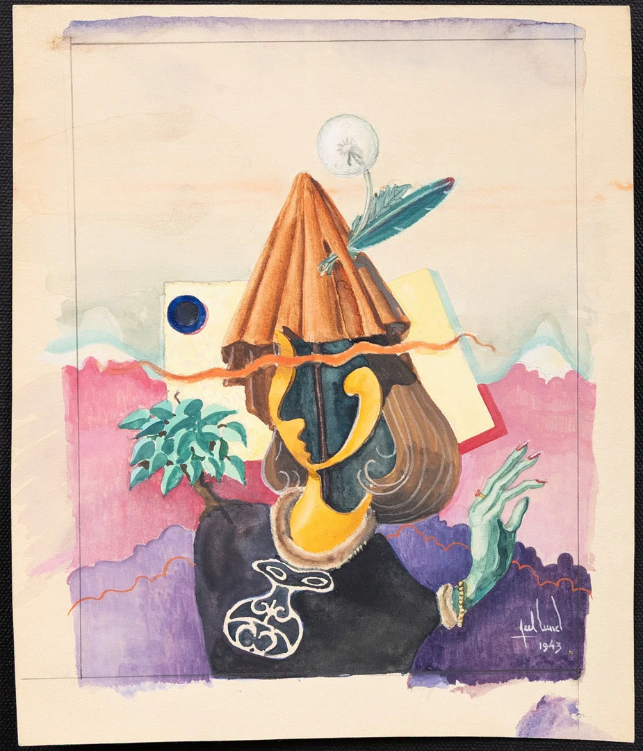 AXEL LUND (1919-1997). "Komposition med ansikte", gouache, signerad och daterad 1943. — Paintings — Garpenhus Auktioner
