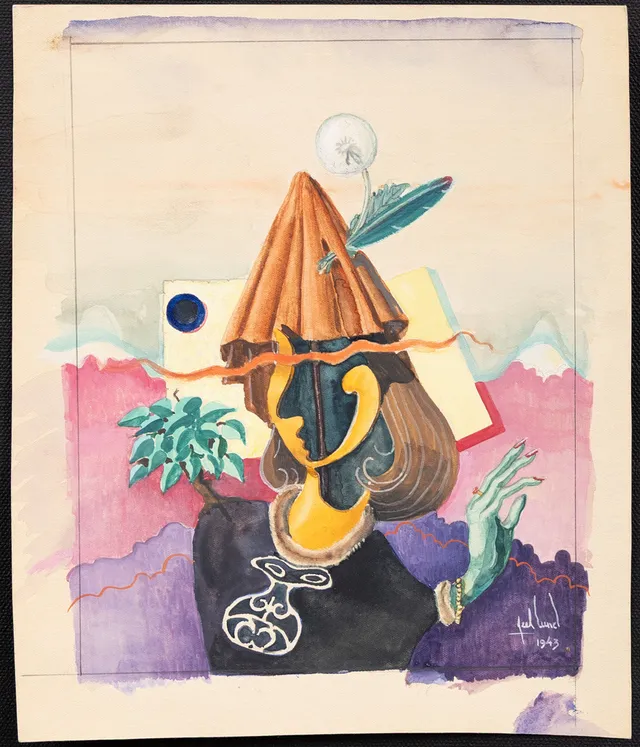 AXEL LUND (1919-1997). "Komposition med ansikte", gouache, signerad och daterad 1943.