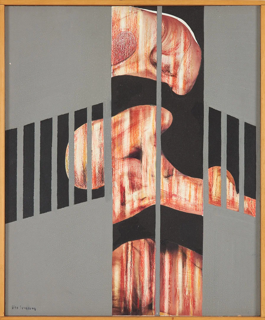 UNO SVENSSON. Komposition, Kollage pastell på papper samt olja på pannå, signerad. — Paintings — Stockholms Auktionsverk Sickla