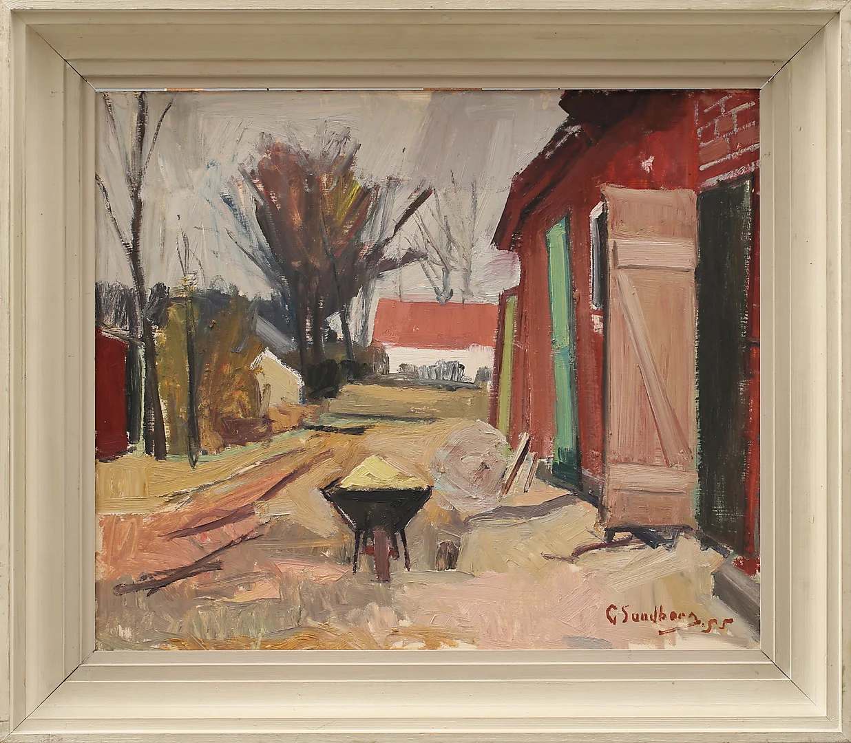 GUNNAR SANDBERG. Gårdsmiljö, olja på pannå, signerad G Sandberg och daterad -55. — Paintings — Garpenhus Auktioner