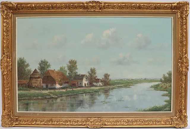 OIDENTIFIERAD KONSTNÄR. Landskap med hus och boskap, oljemålning på duk, otydligt signerad.