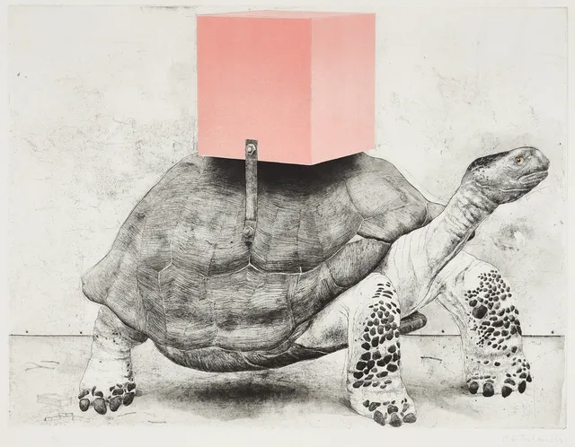 PÄR GUNNAR THELANDER, (1936-1996) "Sköldpadda I", signerad P.G. Thelander, 71/90, färgetsning, Rosa kuben akvarellerad.