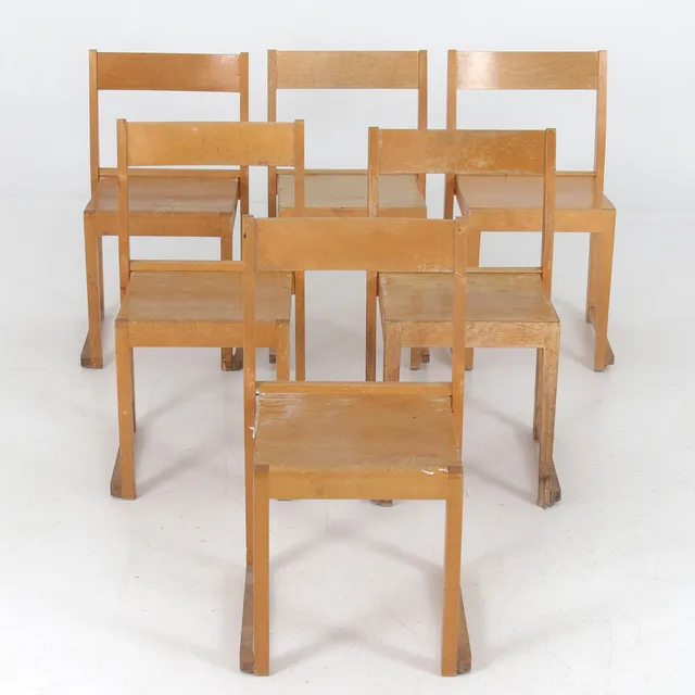 SVEN  MARKELIUS. Stolar, 6 st, björk, "Orkesterstolen". 1900-talets mitt.