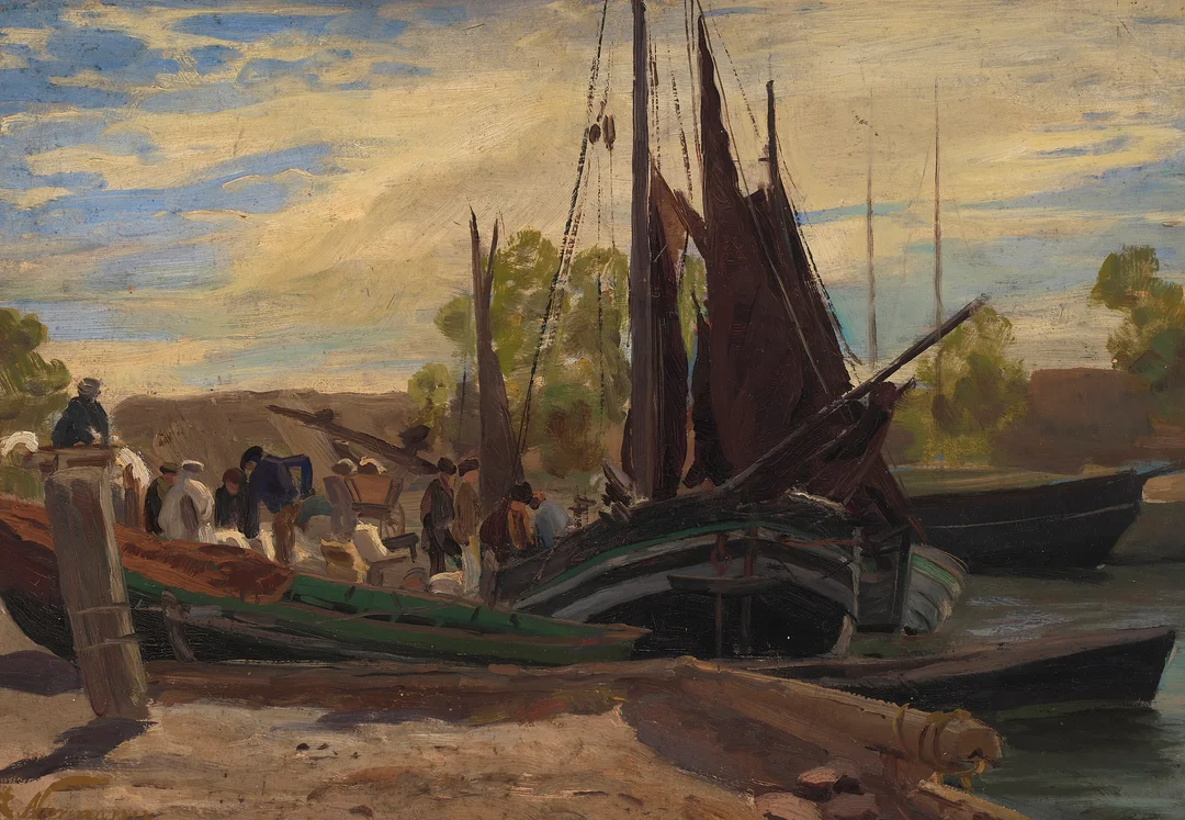 Normann, Adelsteen — Folkeliv ved brygge — Kunst/Maleri — Blomqvist
