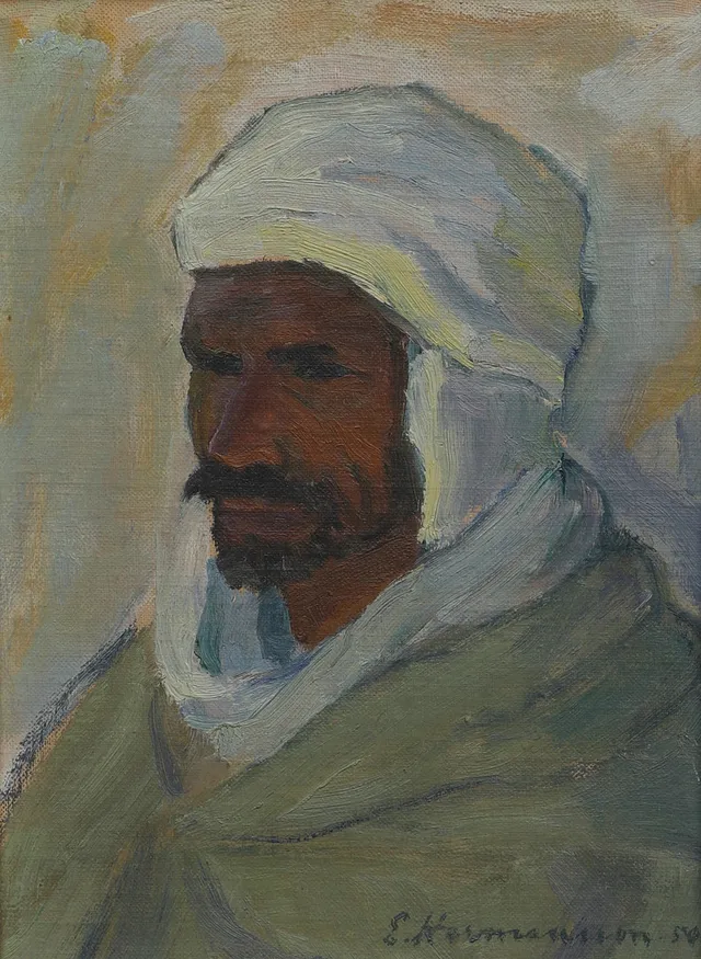 ERIK HERMANSSON. Olja på pannå, porträtt, "Arab Afrika", signerad, daterad -50.