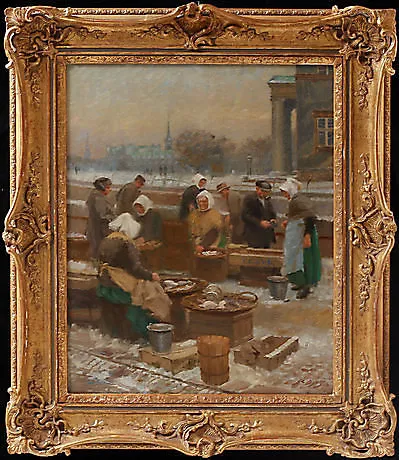 SÖREN CHRISTIAN BJULF. Fiskmarknad, olja på duk, signerad.