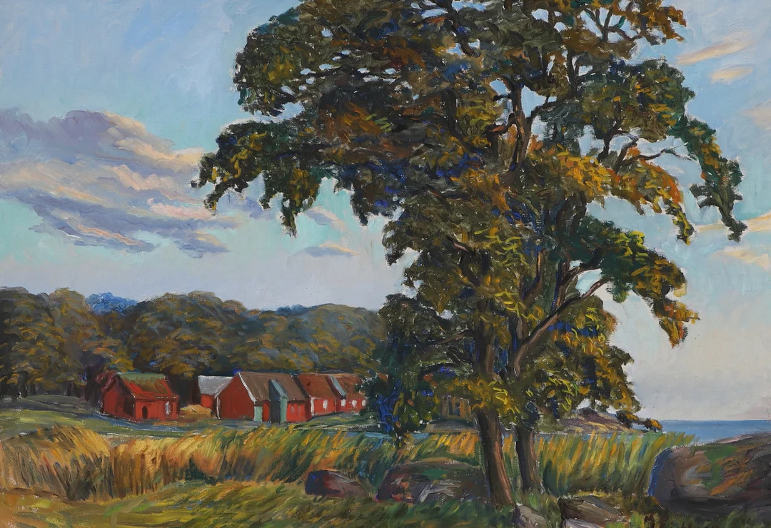 JACK EICHBORN. Olja på duk, Gård i kustlandskap, signerad, 1900-tal. — Paintings — Ekenbergs Auktioner