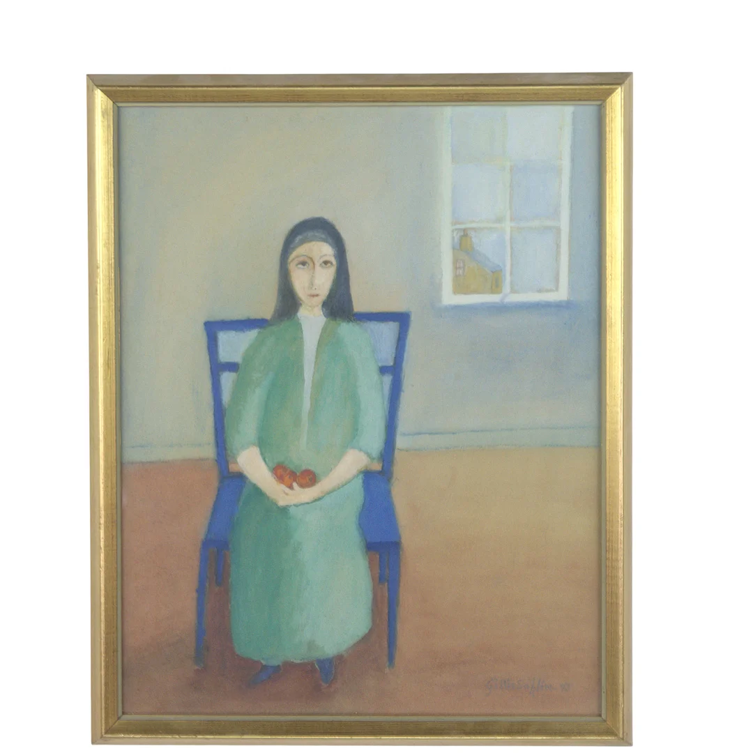 GILLIS SAHLIN. Blandteknik på papper, nunna med frukt i famnen, signerad, -75. — Paintings — Höganäs Auktionsverk