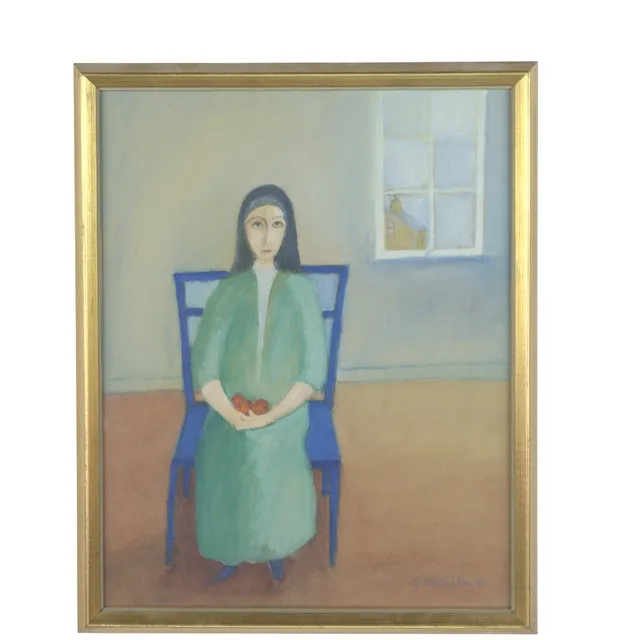 GILLIS SAHLIN. Blandteknik på papper, nunna med frukt i famnen, signerad, -75.