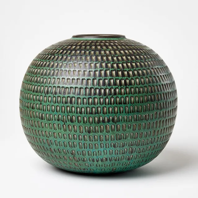 STIG LINDBERG. Vase, Gustavsberg, 1958—59, stoneware, glaze in green with turquoise and brown elements, geometric impressed decoration.