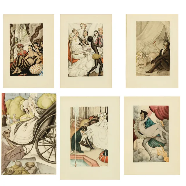 GERDA WEGENER (1886-1940). Indrammede erotiske illustrationer fra Théophile Gautiers roman 'Fortunio' fra 1934, raderinger, signerede i trykket (6).