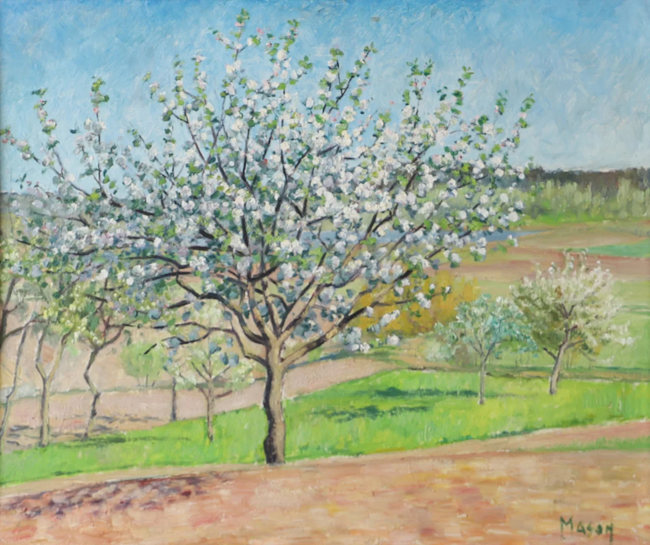 MATS MASON. Blommande träd, olja på pannå, signerad Mason. — Paintings — Helsingborgs Auktionskammare