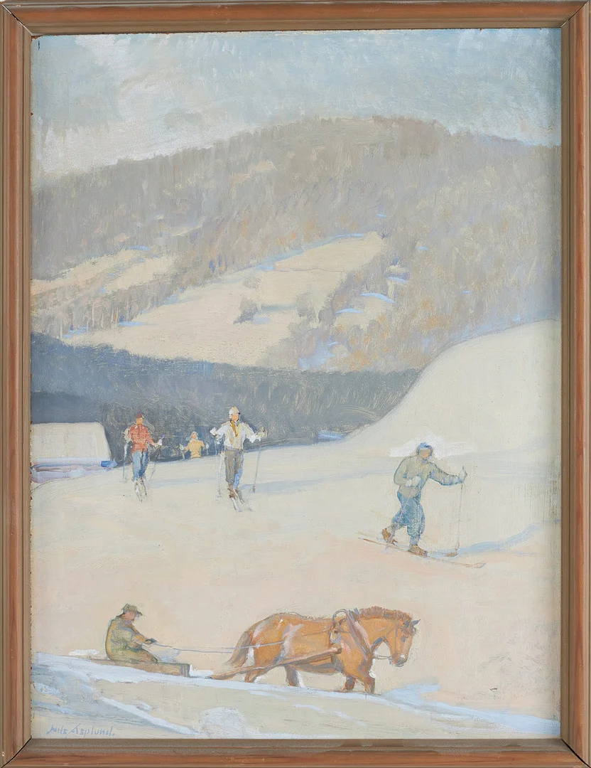 NILS ASPLUND (1874-1958). Skidåkare i backen, olja på pannå, signerad. — Paintings — Stockholms Auktionsverk Sickla