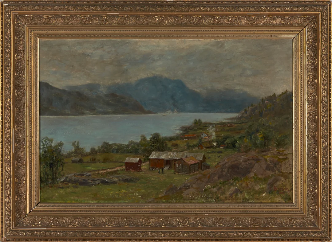 Borgen, Fredrik — Fjordlandskap med gårder — Kunst/Maleri — Blomqvist
