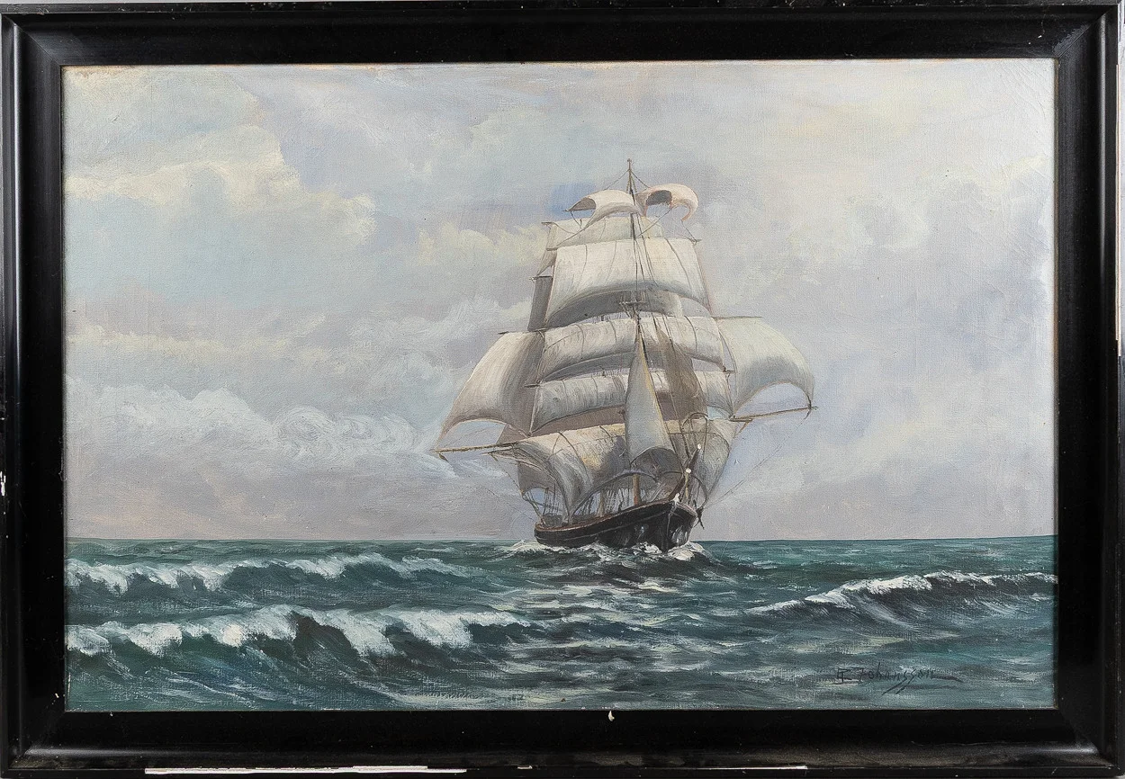 REINHOLD JOHANSSON (1892-1952). Skepp till havs, olja på duk, signerad. — Paintings — Stockholms Auktionsverk Helsingborg